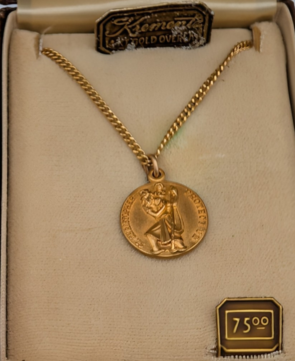 Krementz Vintage Saint Christopher Protect Us Pendant Necklace 14k Gold Overlay